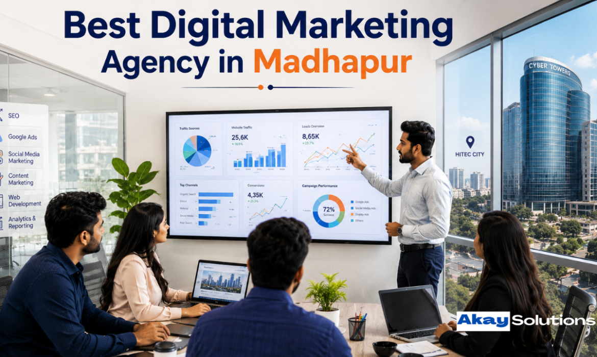 Best Digital Marketing Agency in Madhapur team discussing SEO strategies in a modern office.