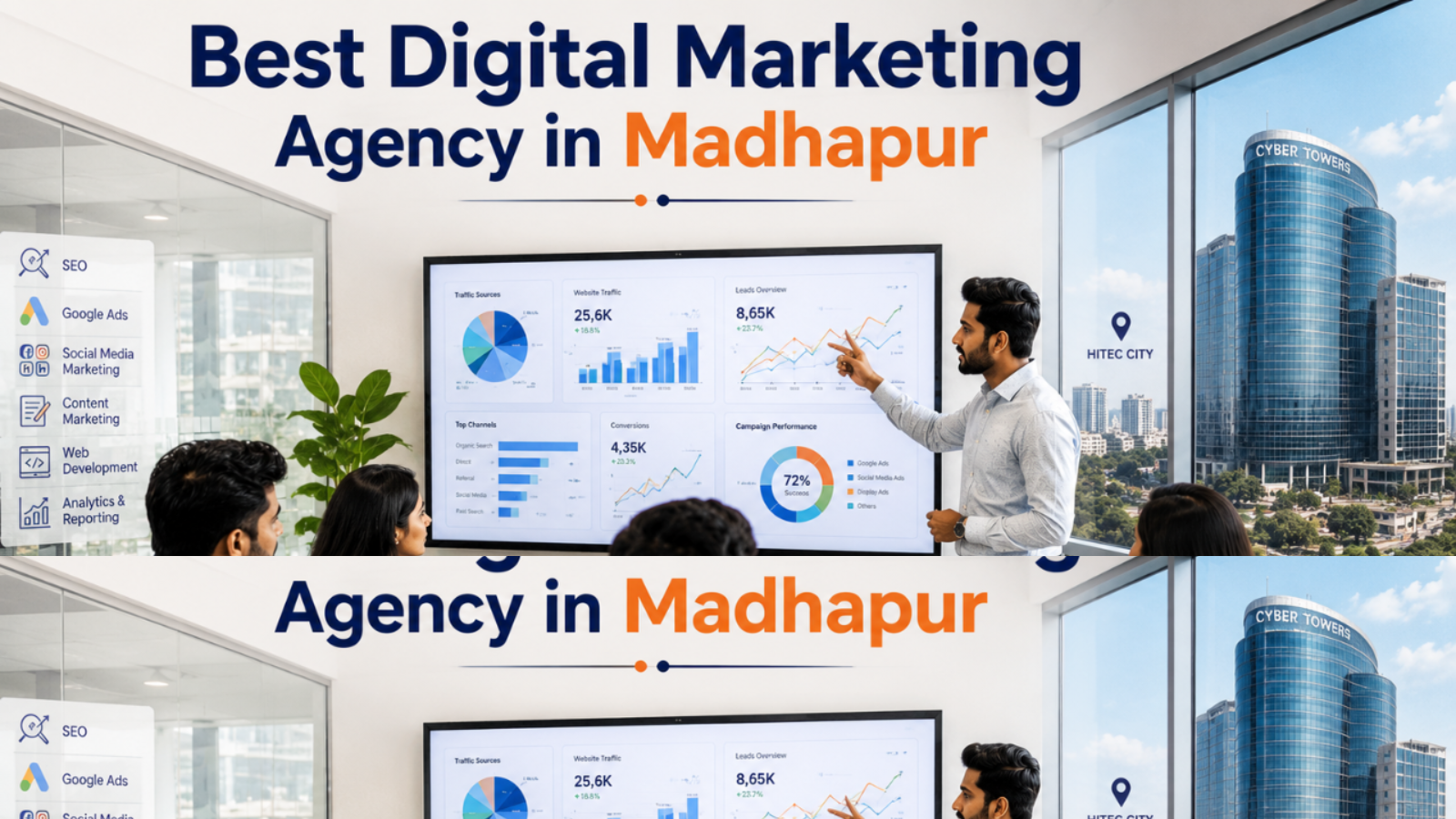Best Digital Marketing Agency in Madhapur team discussing SEO strategies in a modern office.