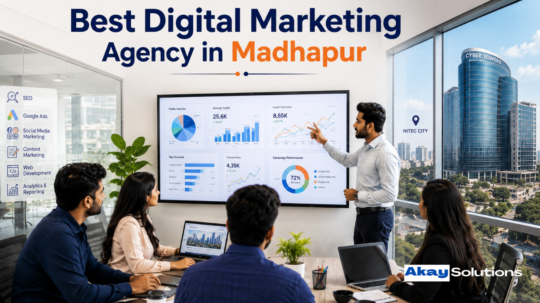 Best Digital Marketing Agency in Madhapur team discussing SEO strategies in a modern office.
